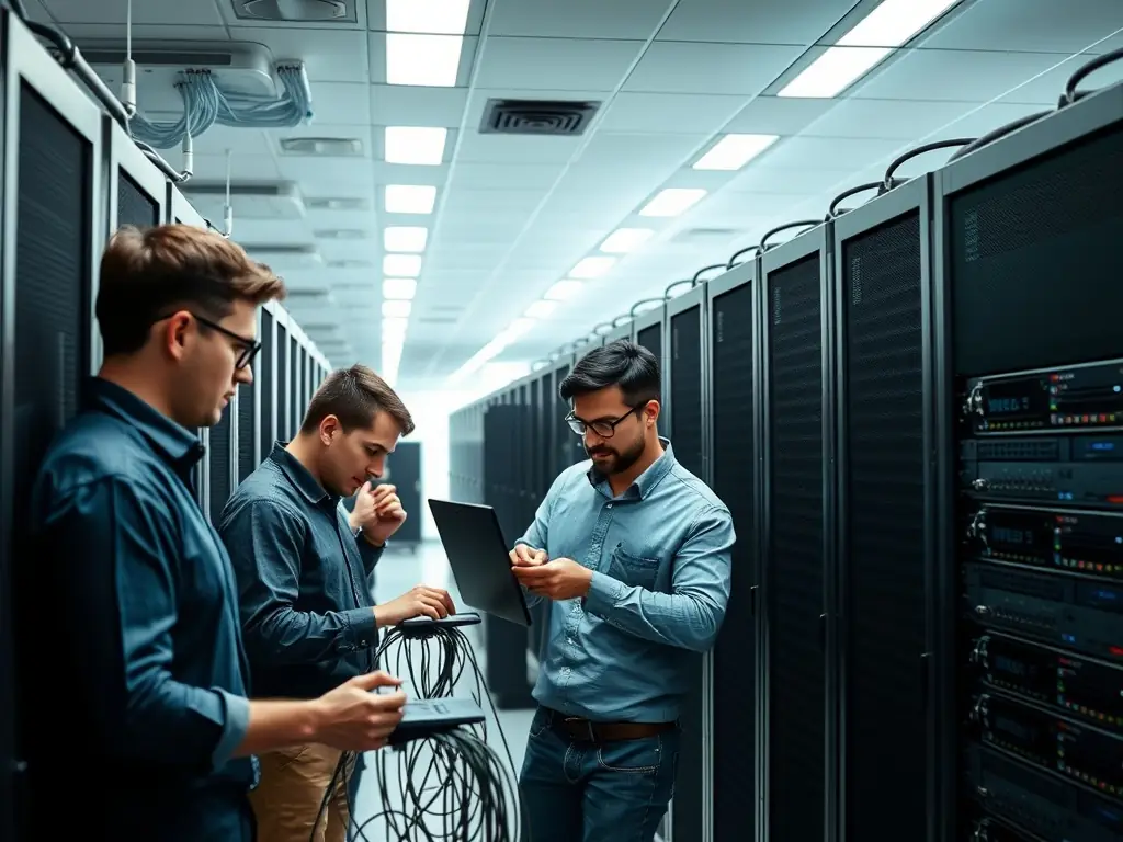 A photograph showing a team collaboratively working on a server rack, ensuring all cables are neatly organized and labeled, symbolizing stability and reliability.